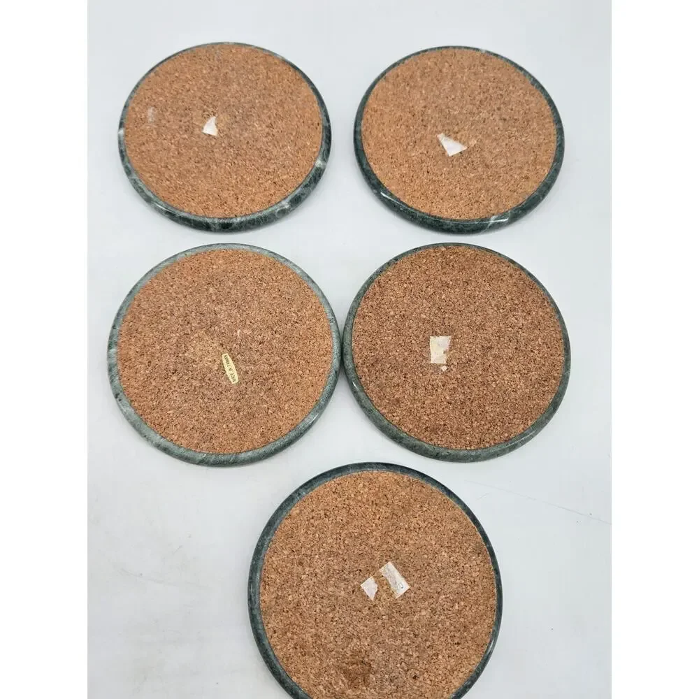 5 Vintage 1980s Classic Green Marble Round Coasters Cork Bottoms 4 Inches